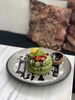 matcha pancakes with chocolate sauce at Cafe Organic in Canggu