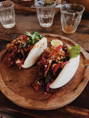 Vegan bao bans with pulled jackfruit  at Cafe Organic in Canggu