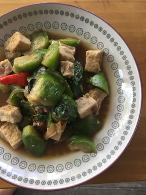 Organic tofu with eggplants and basils in soybean sauce at House of Joy in Bangkok