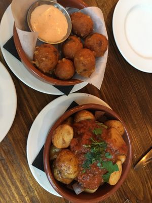 Patatas bravas and jalapeño corn bread tapas starter.  at Harmonium in Edinburgh
