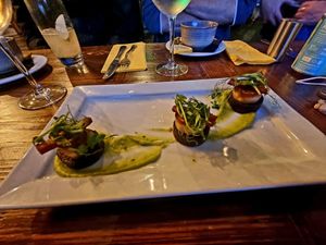 Mushroom sxallops with black pudding and bacon at Harmonium in Edinburgh