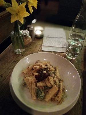 Rigatoni with walnut sauce and aubergine 'bacon' at Harmonium in Edinburgh
