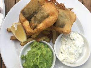 To-fish & chips, mushy peas, and tartar sauce  at Harmonium in Edinburgh