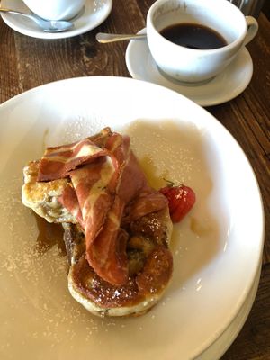 yummy french toast sourdough with smokey bacon ?  at Harmonium in Edinburgh