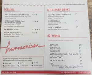 Menu for dessert  at Harmonium in Edinburgh