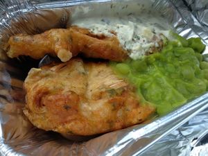 'Fish', chips, mushy peas and tartare. It was EXCELLENT 👍 at Harmonium in Edinburgh