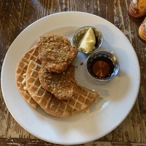 Vegan chicken and waffles from the weekend brunch menu at Harmonium in Edinburgh