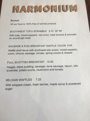 Brunch menu  at Harmonium in Edinburgh