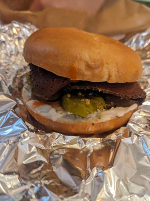 Vegan El Diablo bagel with cream cheese, pastrami, jalapenos, gherkins and Frank's hot sauce at New York Deli in Cardiff