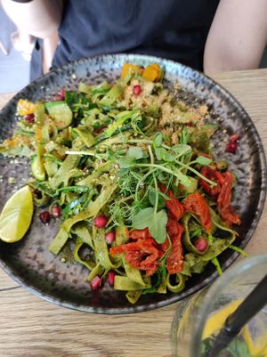 Tagiatelle with pesto and grilled vegetables at Happy Bean in Prague