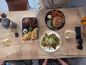 Vegan gyros, pesto tagliatelle, vegan burger   at Happy Bean in Prague
