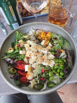 Grilled halloumi bowl at Happy Bean in Prague