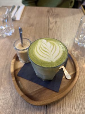 Matcha latte with oat milk  at Happy Bean in Prague