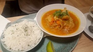 red curry with vegetables and rice at Happy Bean in Prague