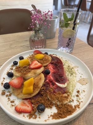 spelt pancakes and lavender lemonade  at Happy Bean in Prague