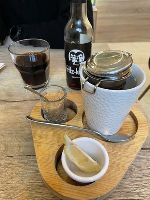Ginger tea and Fritz coke   at Happy Bean in Prague