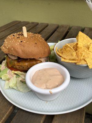 Vegetarian veggie burger (vegan option available) at Happy Bean in Prague
