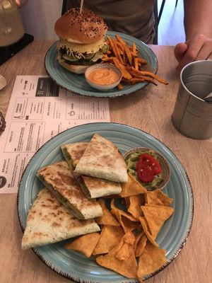 Burger and quesadilla  at Happy Bean in Prague