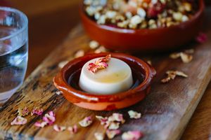 Vegan apple & rhubarb crumble with vegan rose petal pannacotta. at Jasmine Greens - Kiosk in Umina Beach