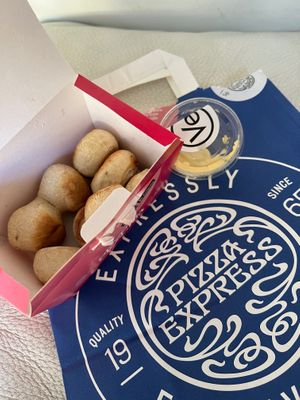 Vegan dough balls with vegan garlic butter at Pizza Express in Rochester