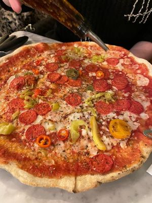 Vegan really spicy American hot pizza  at Pizza Express in Rochester