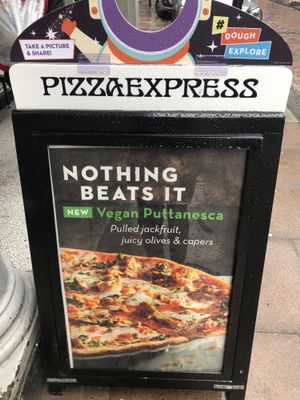 New vegan pizza displayed outside at Pizza Express in Rochester