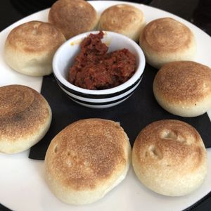 Vegan starters! Dough balls with sundries tomato’s and harissa at Pizza Express in Rochester