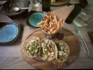 Vegan tacos with fries.  at Avocado Grill in West Palm Beach