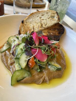 Baba ganoush.                                                Taste good, has a very light smoked flavor.        Serves one person well.  at Avocado Grill in West Palm Beach