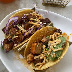 Barrio & Baja tacos with adobo tofu & vegan chipotle jack  at Tocaya Modern Mexican in Santa Monica