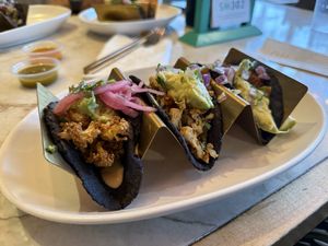 Two street tacos with vegan chik’n and one cauliflower taco  at Tocaya Modern Mexican in Santa Monica