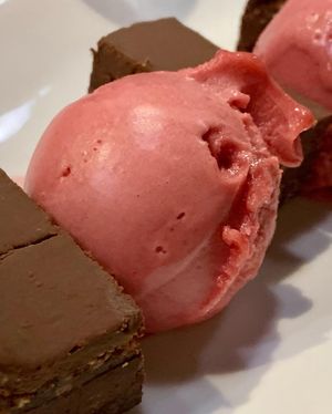 Vegan chocolate torte with raspberry sorbet  at Blue Sushi Sake Grill in Naperville