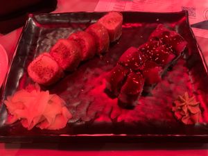 Cowgirl roll (left)  and the spicy Kaluna (right). Kaluna is normally $10.50 was only $6.50 last night for the Tuesday vegan special! Cowgirl roll was $1.50 off regular price.  at Blue Sushi Sake Grill in Naperville