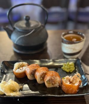 jasmine tea and cowgirl sushi at Blue Sushi Sake Grill in Naperville