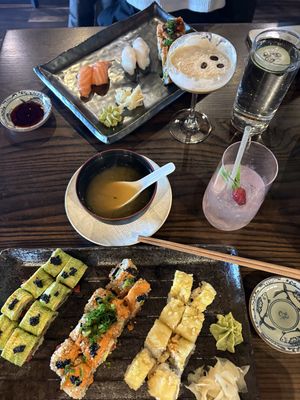 In front is real sushi and the photo at the bottom : (too top to bottom ) green goddess, spicy Kaluna crunch & crunchy cabbage   at Blue Sushi Sake Grill in Naperville