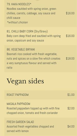 Vegan menu Nov 17 at Aroma India in Greytown