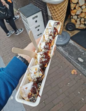 So yummy pancakes in a funny long cup at The Happy Pig Pancake Shop in Amsterdam