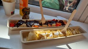 Amazing pancakes! We had the strawberries and chocolate-hazelnut sauce, and banana with maple syrup. Highly recommend. Be aware they only have oat milk as a dairy alternative. at The Happy Pig Pancake Shop in Amsterdam