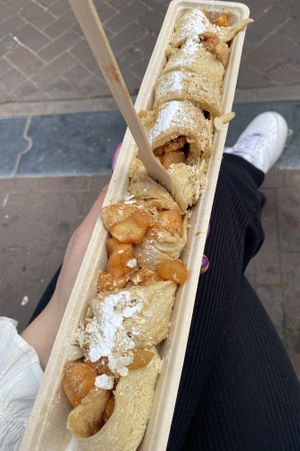 Vegan pancake with apple mix filling   at The Happy Pig Pancake Shop in Amsterdam