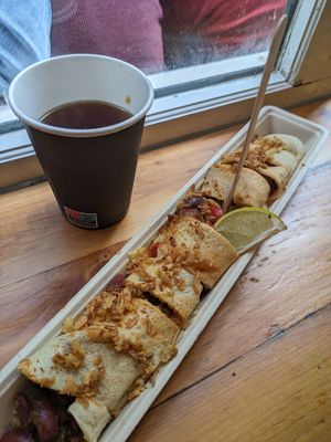 The bean chilli pancake and English breakfast tea at The Happy Pig Pancake Shop in Amsterdam
