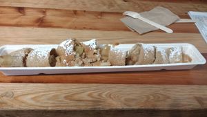 vegan pancakes with apple topping at The Happy Pig Pancake Shop in Amsterdam