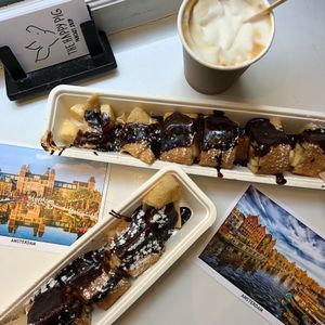 Vegan pancakes with chocolate and banana + soy latte at The Happy Pig Pancake Shop in Amsterdam