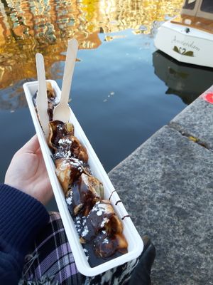 Apple cinnamon and almond mix with hazlenut chocolate sauce at The Happy Pig Pancake Shop in Amsterdam