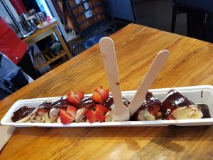 Strawberries and bananas pancake at The Happy Pig Pancake Shop in Amsterdam