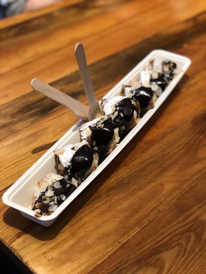 Vegan Everybody’s Sweetheart: Chocolate hazelnut spread, bananas, and almonds  at The Happy Pig Pancake Shop in Amsterdam