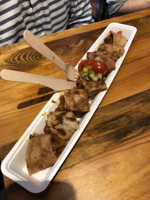 Vegan Savory Special: red peppers, mushrooms, beans at The Happy Pig Pancake Shop in Amsterdam