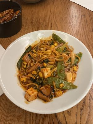Chilli garlic/sweet and sour plant based chicken and tofu stir fry with wheat noodles  #Veganuary at Temujin Restaurant in Halifax