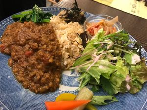 “Mince” vegan curry lunch set, so yum! Vegetable chickpea curry also available at Hareya in Atsugi