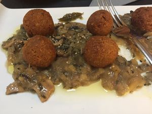 Soy and oat balls with mushroom "sauce" from the vegan menu (tapa size) at Rosario Uno in Cadiz