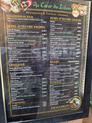 Menu at Au Coeur du Liban in Metz